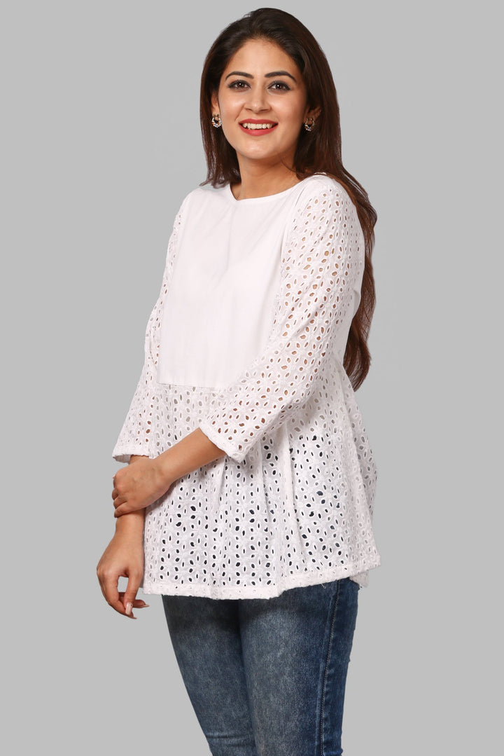 anokherang Kurtis White Hakooba Pleated Top