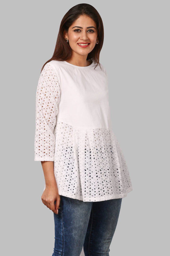 anokherang Kurtis White Hakooba Pleated Top