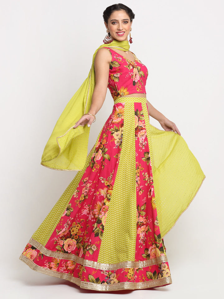 anokherang Lehenga Peppy Pink Green Cotton Lehenga Choli