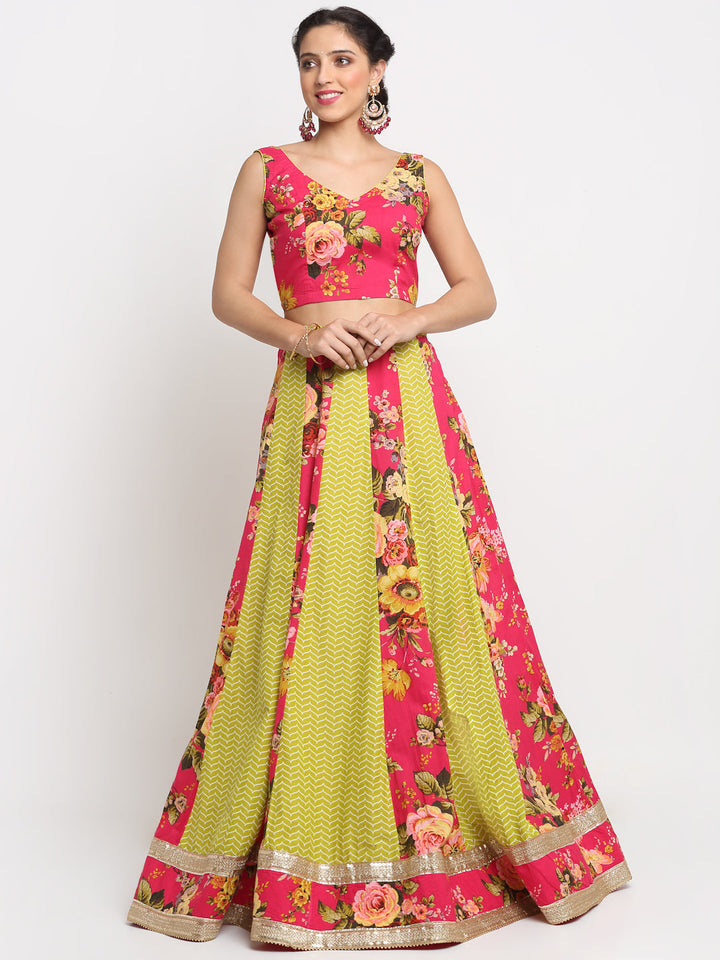 anokherang Lehenga Peppy Pink Green Cotton Lehenga Choli