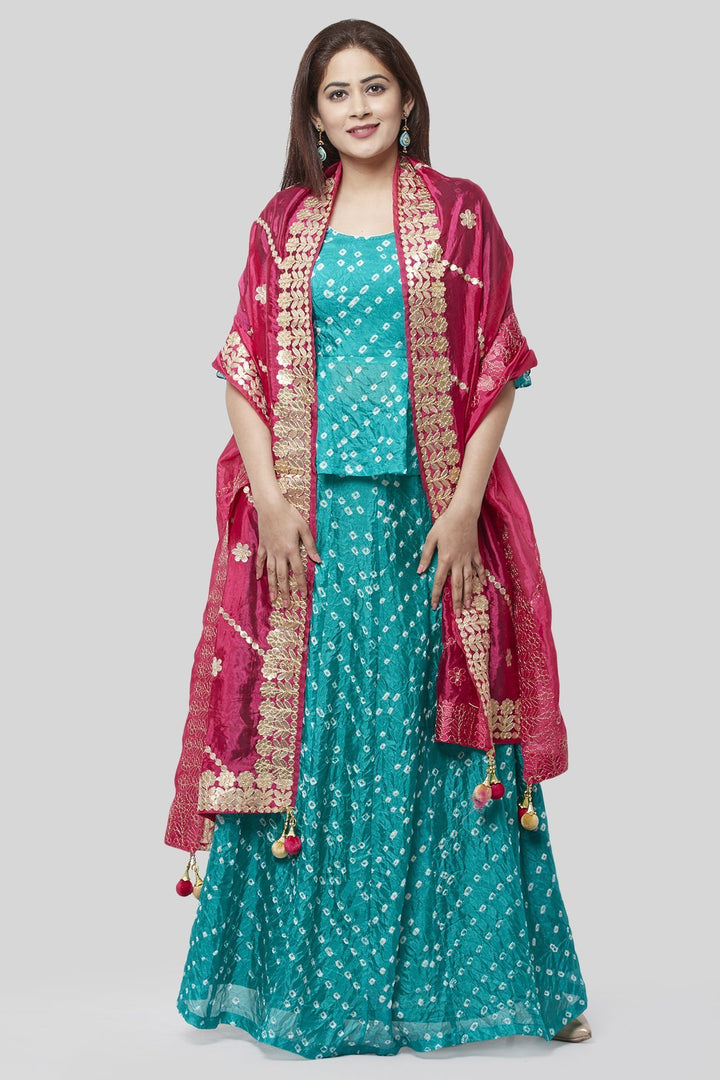 anokherang Lehenga Summer Blue Bandhej Ruffle Lehenga Choli with Pink Gotta Silk Embroidered Dupatta