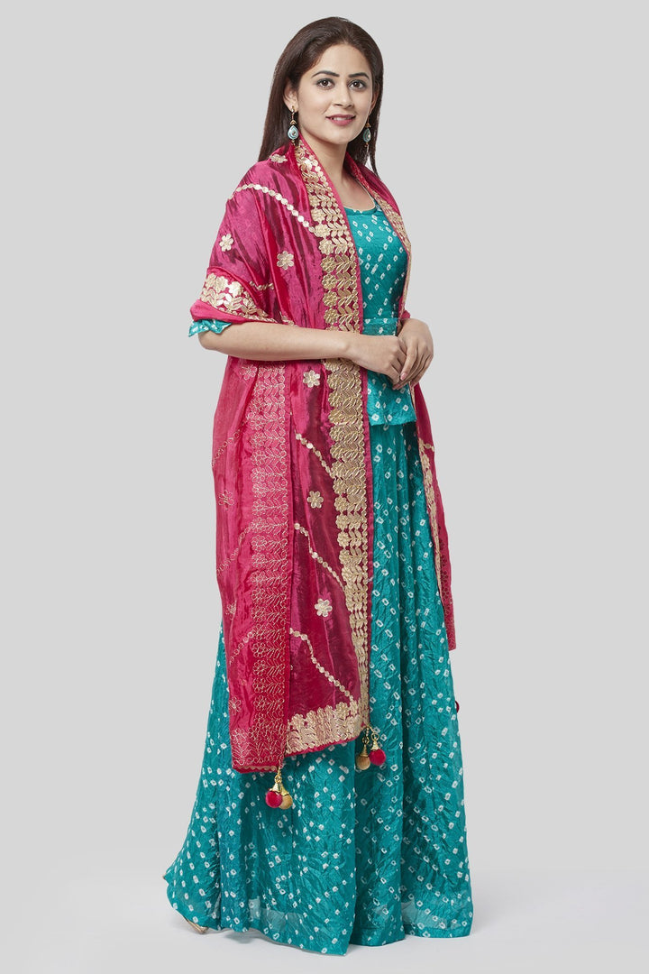 anokherang Lehenga Summer Blue Bandhej Ruffle Lehenga Choli with Pink Gotta Silk Embroidered Dupatta
