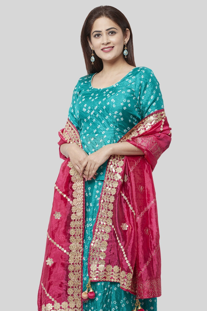 anokherang Lehenga Summer Blue Bandhej Ruffle Lehenga Choli with Pink Gotta Silk Embroidered Dupatta