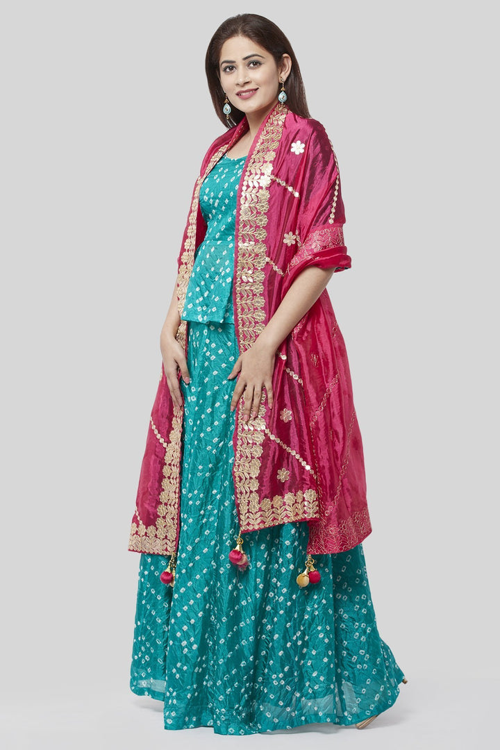 anokherang Lehenga Summer Blue Bandhej Ruffle Lehenga Choli with Pink Gotta Silk Embroidered Dupatta
