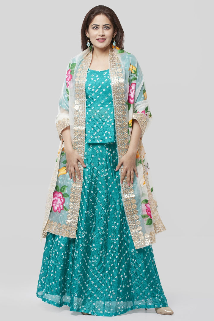 anokherang Lehenga Summer Blue Bandhej Ruffle Lehenga Choli with White Hand Painted Organza Dupatta