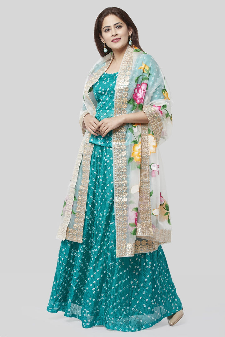 anokherang Lehenga Summer Blue Bandhej Ruffle Lehenga Choli with White Hand Painted Organza Dupatta