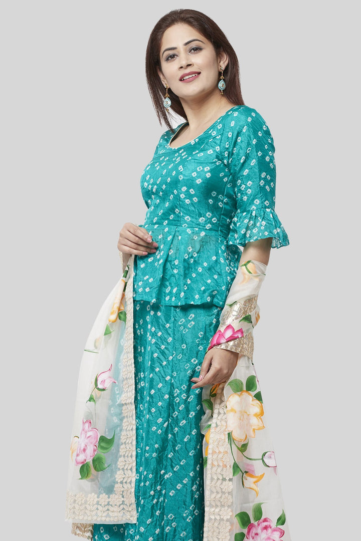 anokherang Lehenga Summer Blue Bandhej Ruffle Lehenga Choli with White Hand Painted Organza Dupatta