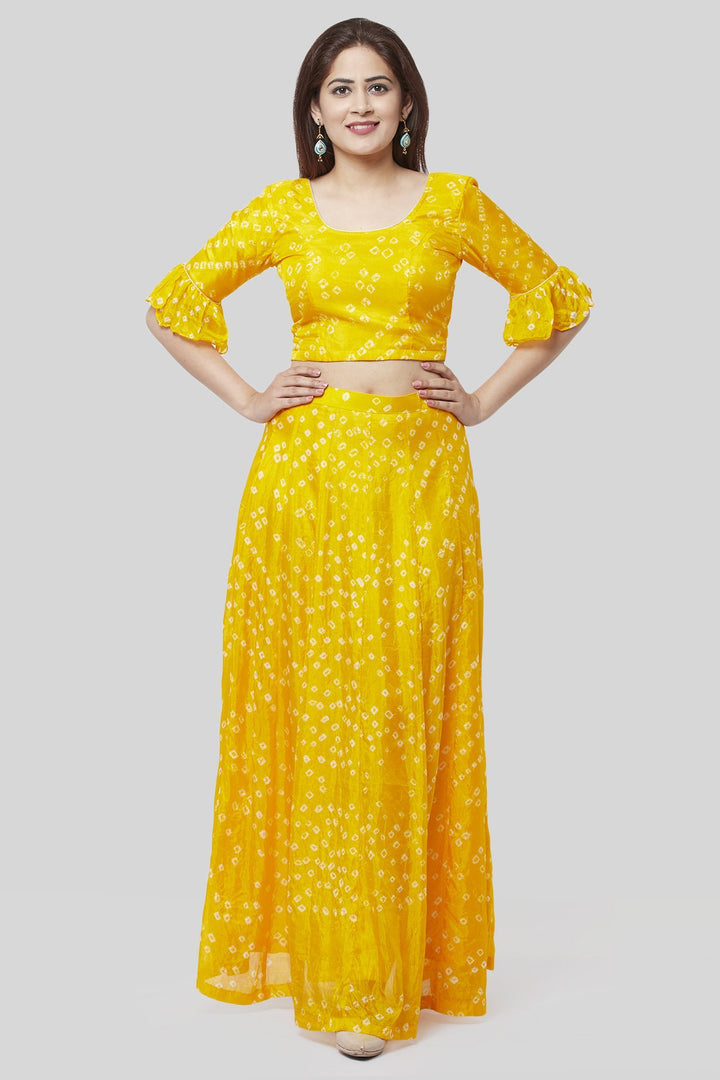 anokherang Lehenga Sunshine Yellow Bandhej Ruffle Lehenga Choli