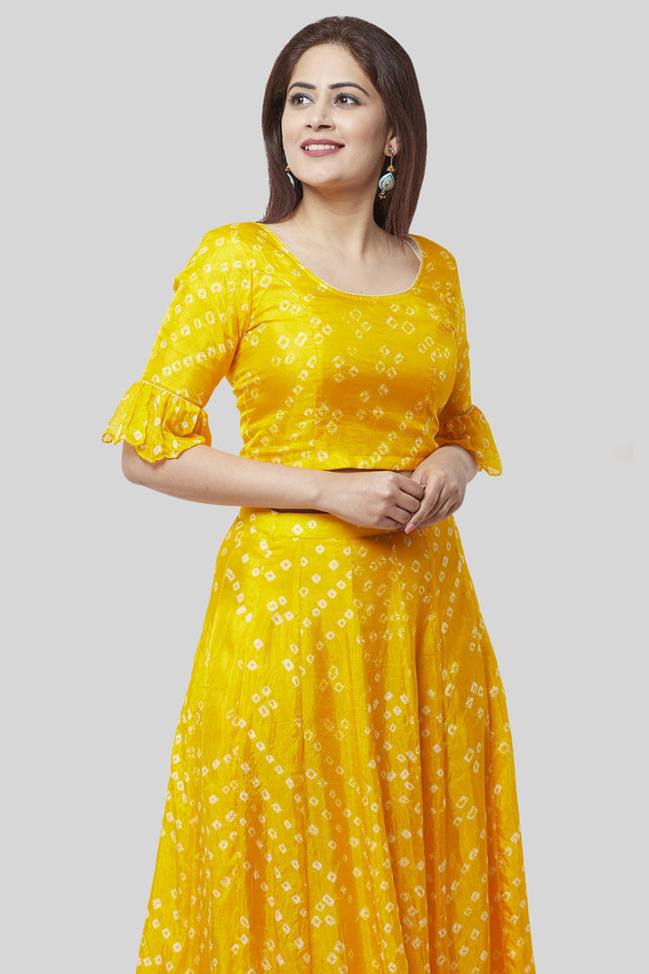anokherang Lehenga Sunshine Yellow Bandhej Ruffle Lehenga Choli