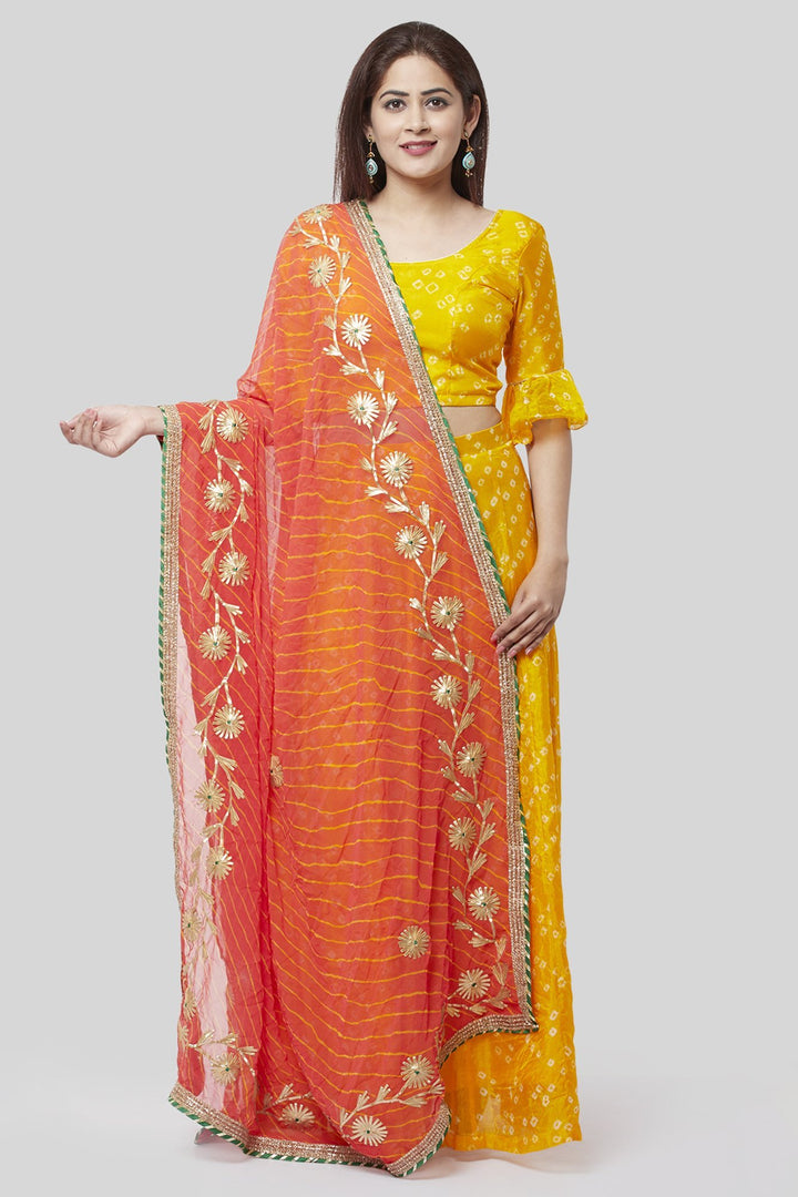 anokherang Lehenga Sunshine Yellow Bandhej Ruffle Lehenga Choli with Peachy Orange Leheriya Dupatta