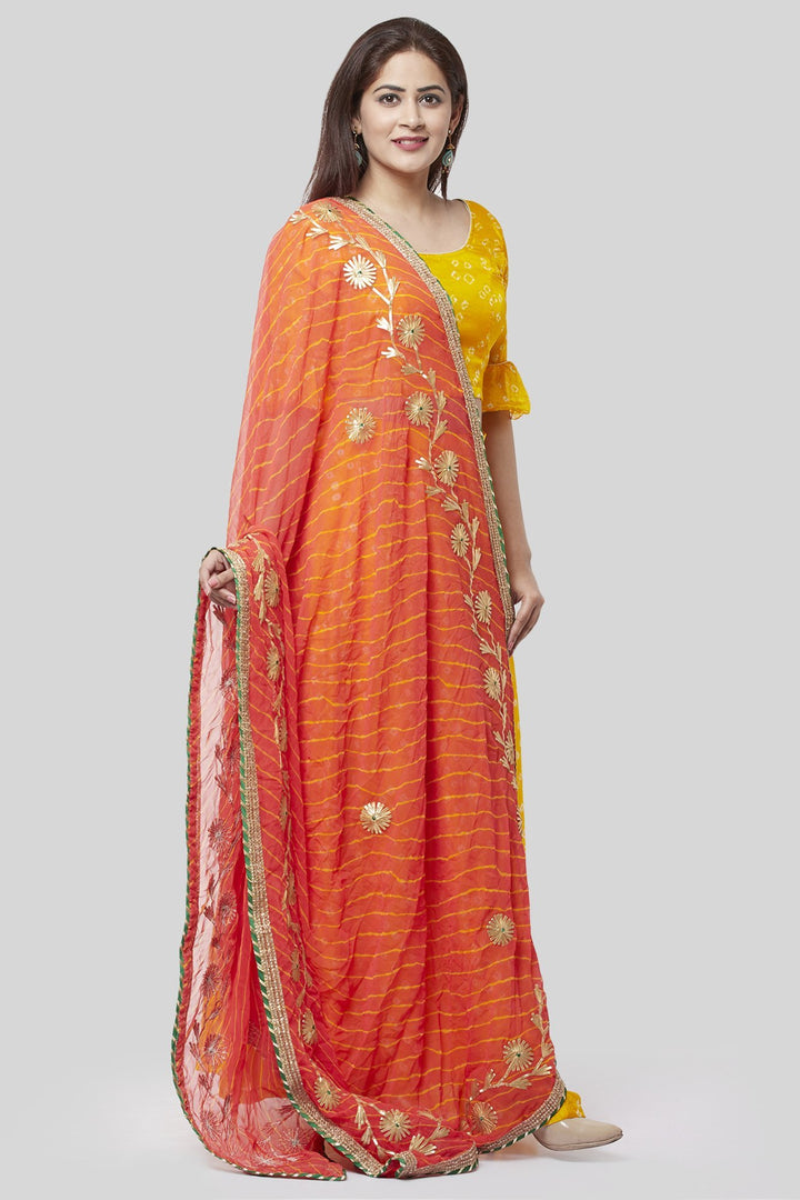 anokherang Lehenga Sunshine Yellow Bandhej Ruffle Lehenga Choli with Peachy Orange Leheriya Dupatta