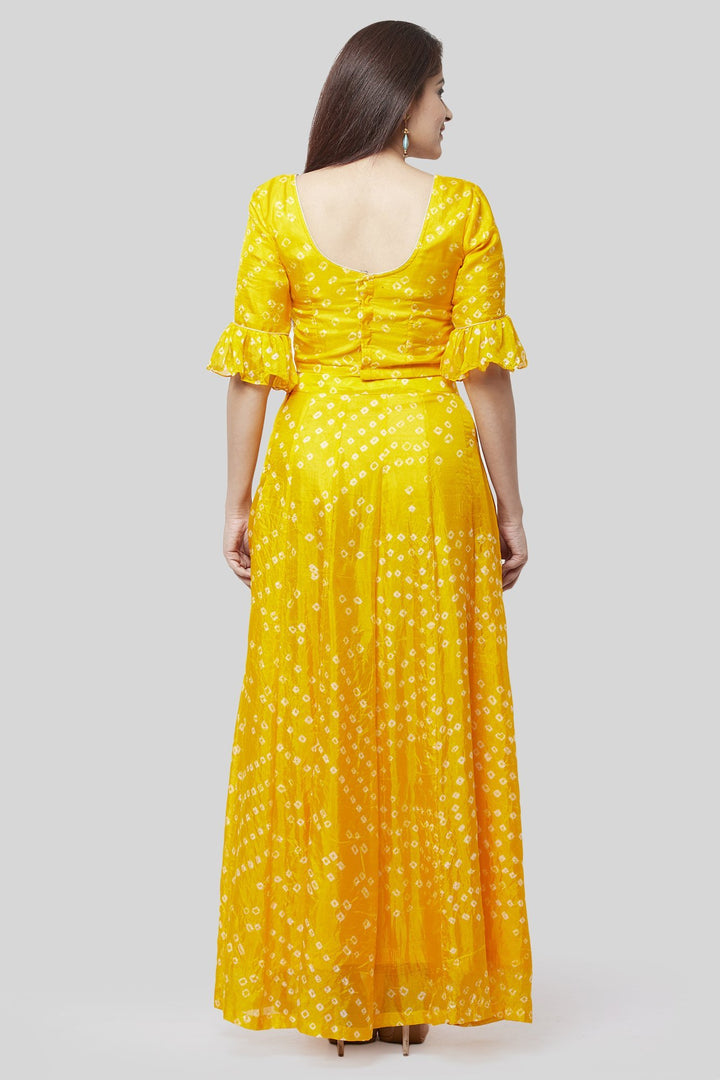anokherang Lehenga Sunshine Yellow Bandhej Ruffle Lehenga Choli with Peachy Orange Leheriya Dupatta