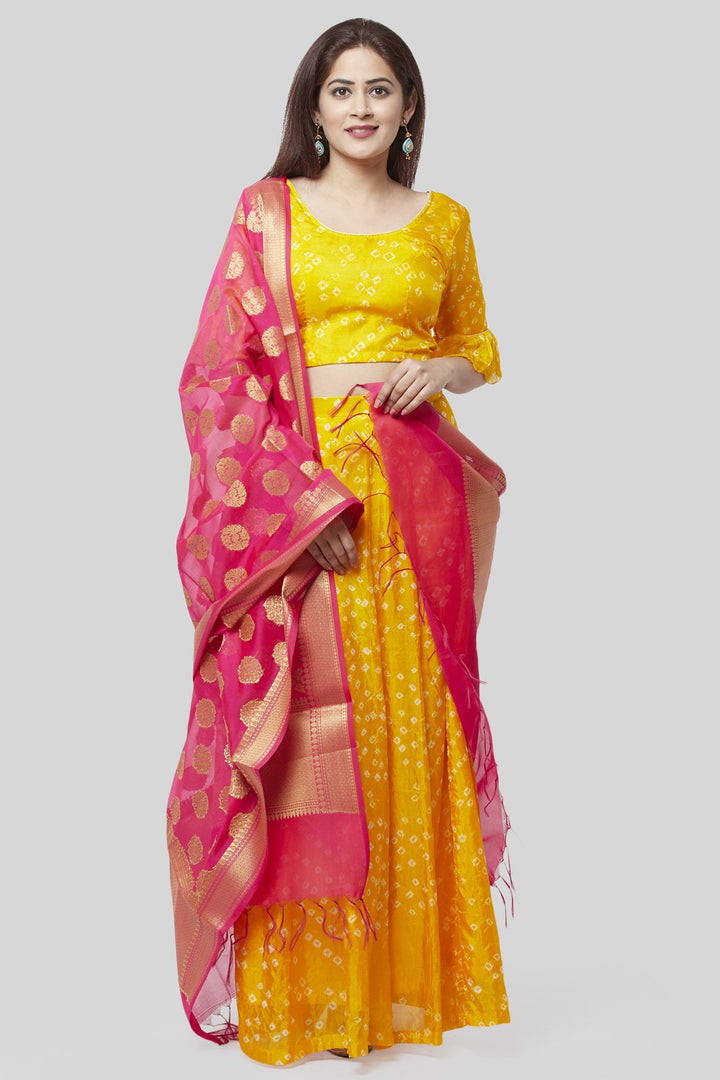 anokherang Lehenga Sunshine Yellow Bandhej Ruffle Lehenga Choli with Pink Banarsi Dupatta