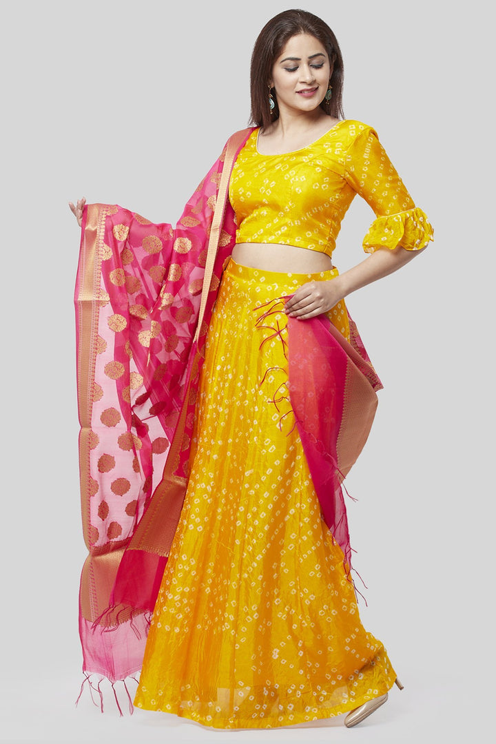 anokherang Lehenga Sunshine Yellow Bandhej Ruffle Lehenga Choli with Pink Banarsi Dupatta
