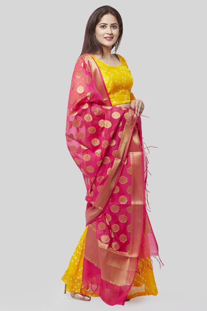 anokherang Lehenga Sunshine Yellow Bandhej Ruffle Lehenga Choli with Pink Banarsi Dupatta