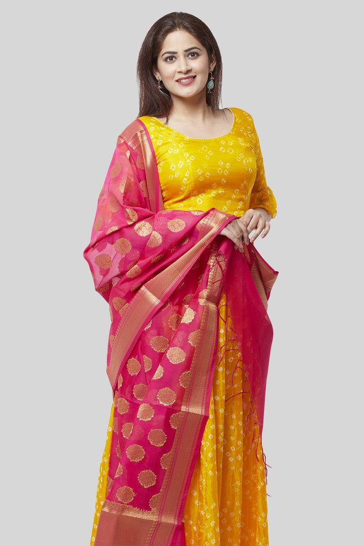 anokherang Lehenga Sunshine Yellow Bandhej Ruffle Lehenga Choli with Pink Banarsi Dupatta