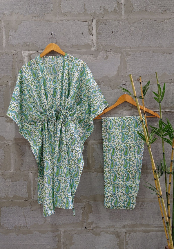 anokherang Leisure Wear Aurora Blue And Green Floral Printed Kaftan Set