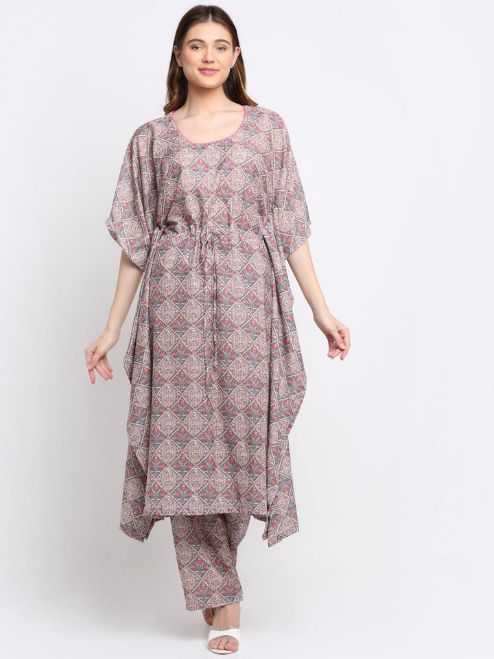 anokherang Leisure Wear Flowy Grey Printed Kaftan with Straight Pants