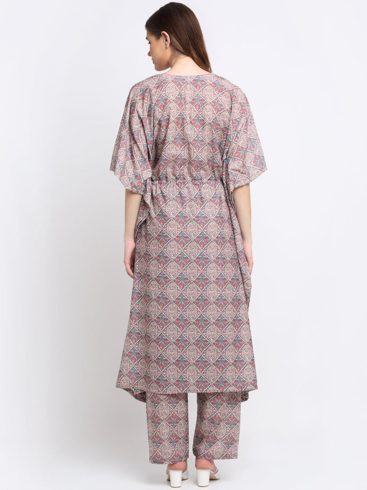 anokherang Leisure Wear Flowy Grey Printed Kaftan with Straight Pants