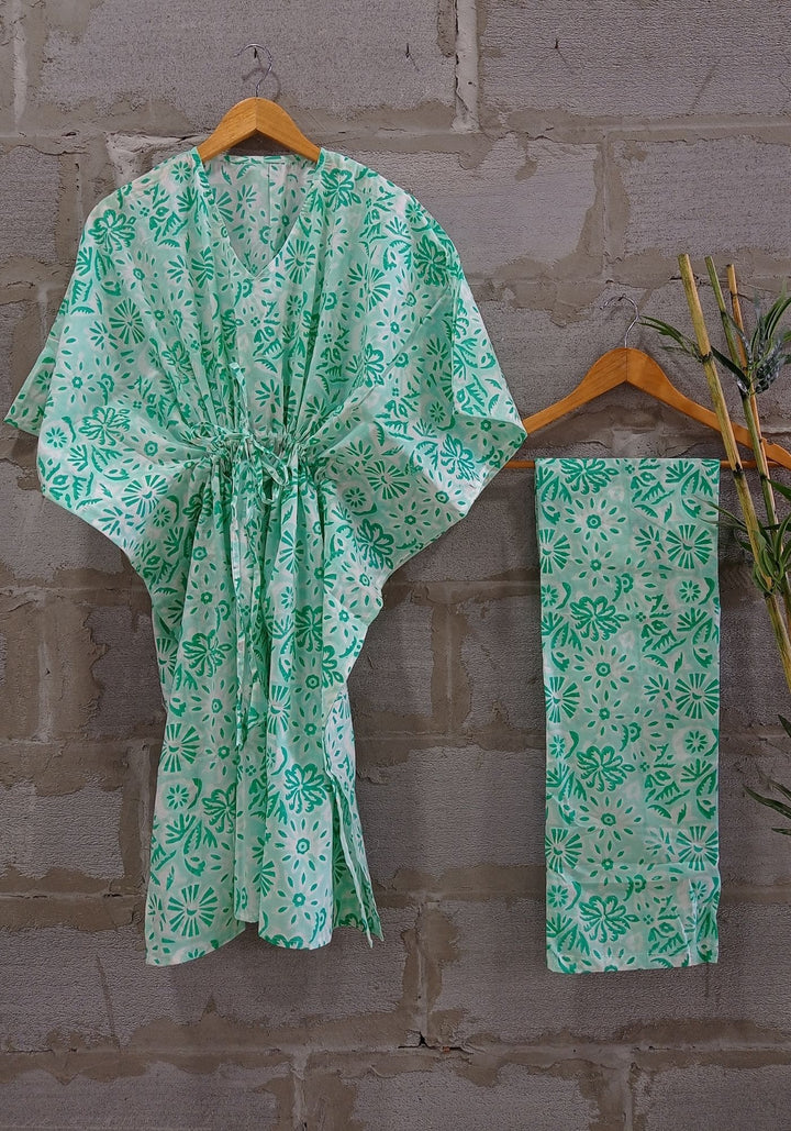 anokherang Leisure Wear Good Vibes Sea Green Floral Printed Kaftan Set