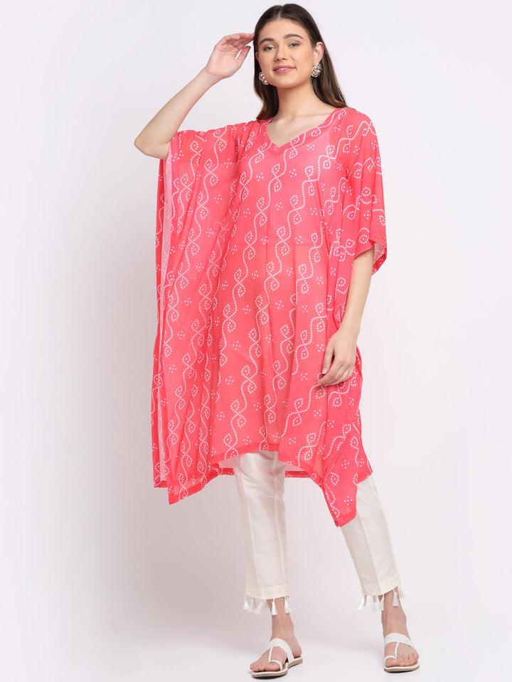 anokherang Leisure Wear Living Coral Bandhani Kaftan with Staight Pants