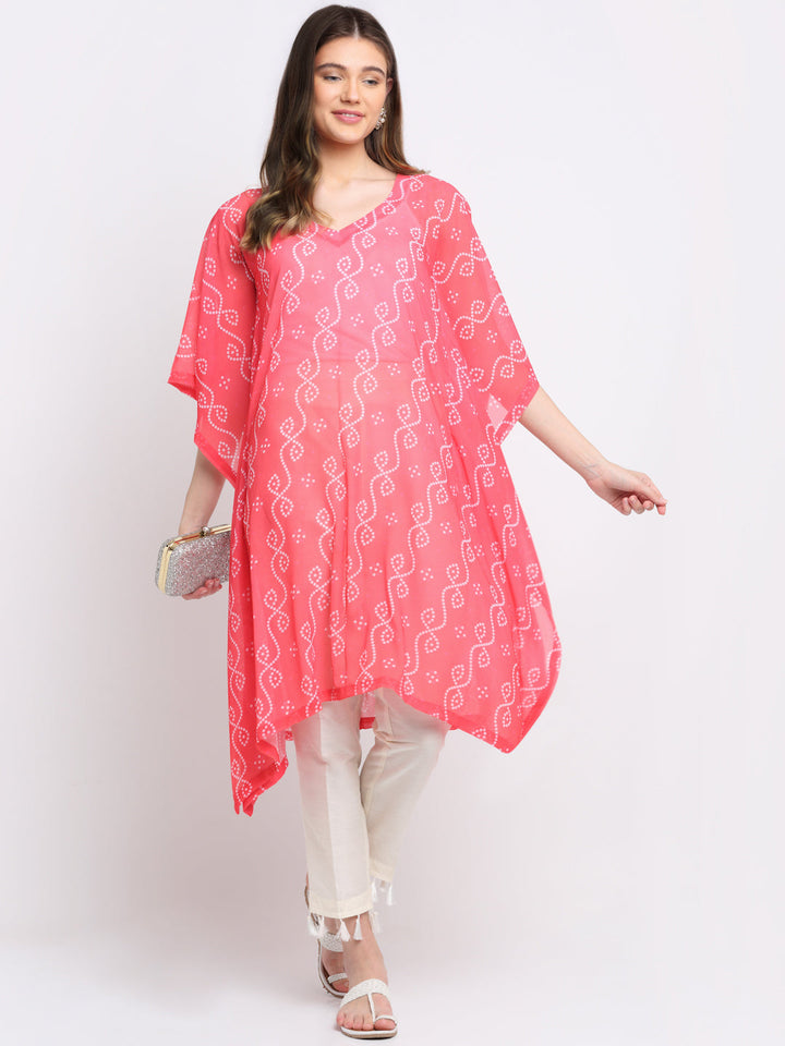 anokherang Leisure Wear Living Coral Bandhani Kaftan with Staight Pants