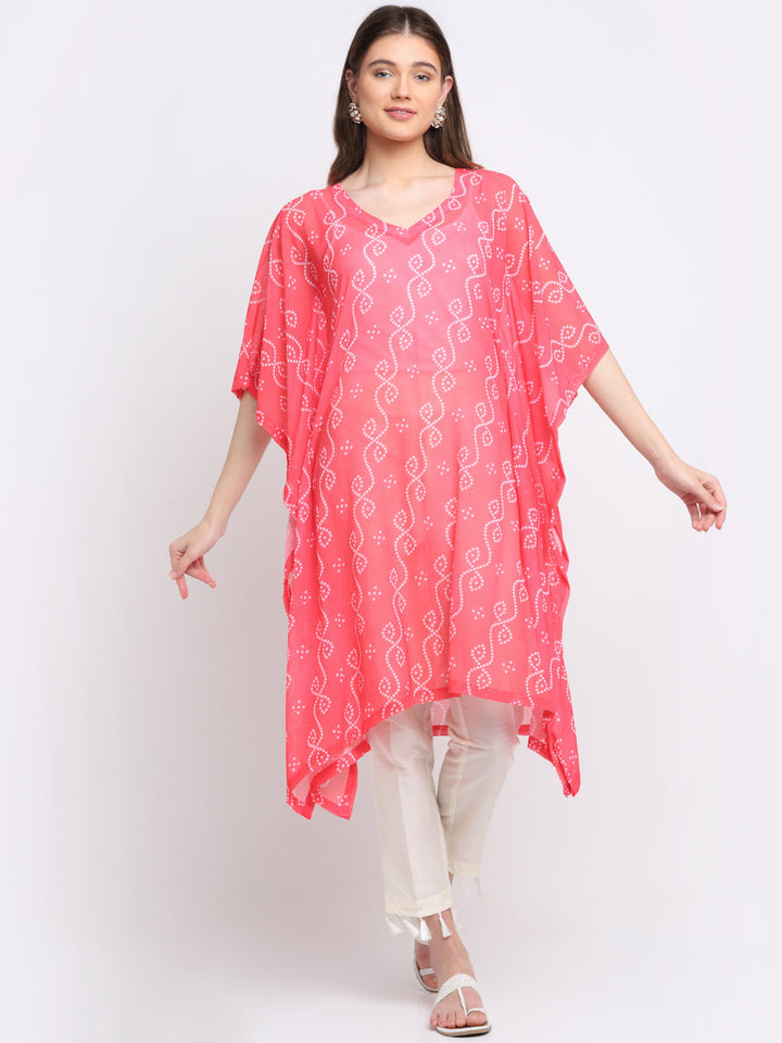 anokherang Leisure Wear Living Coral Bandhani Kaftan with Staight Pants