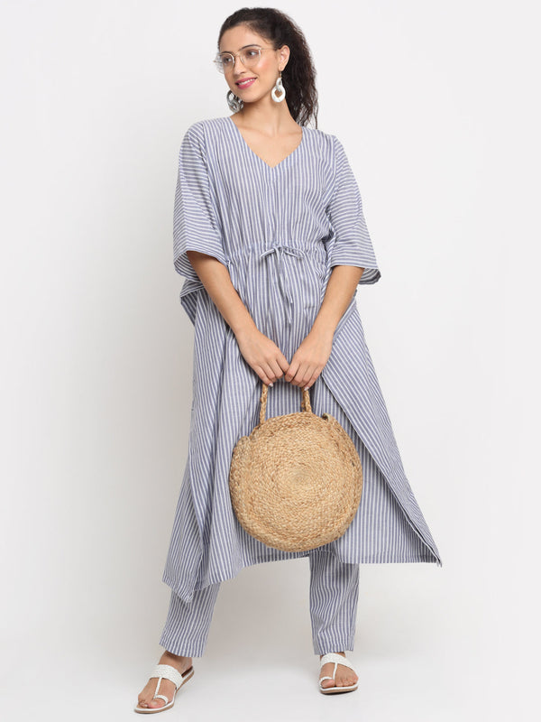 anokherang Leisure Wear Mineral Blue Striped Kaftan with Straight Pants