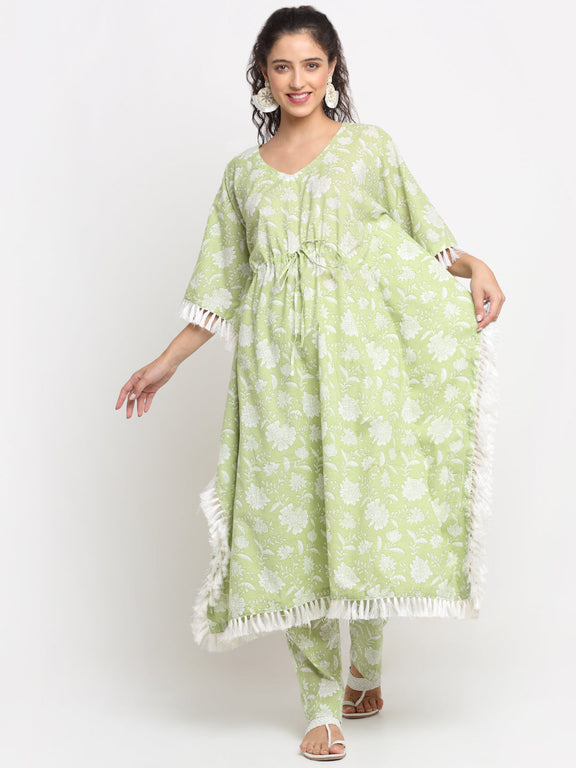 Pista green button kaftan pants with hand work main image 1