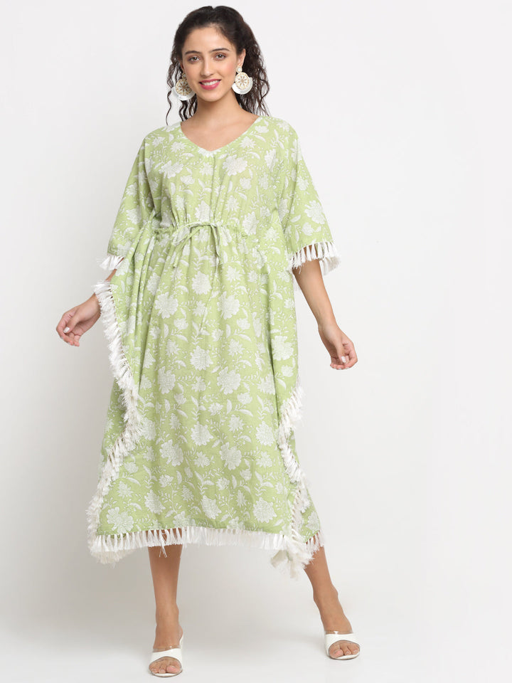 anokherang Leisure Wear Pista Flower Printed Kaftan with Tassels