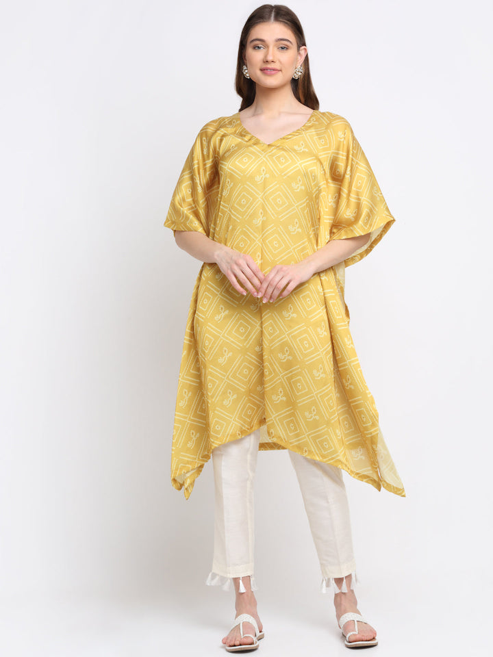 anokherang Leisure Wear Soothing Yellow Bandhani Kaftan with Staight Pants
