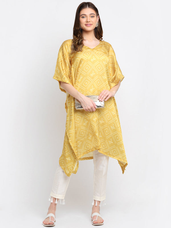 anokherang Leisure Wear Soothing Yellow Bandhani Kaftan with Staight Pants