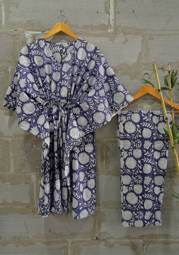 anokherang Leisure Wear The Unwind Slate Blue Floral Printed Kaftan Set