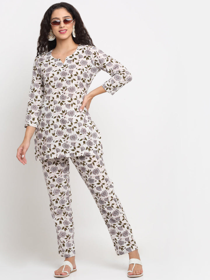 anokherang Leisure Wear White Blossom Floral Printed Leisure Wear