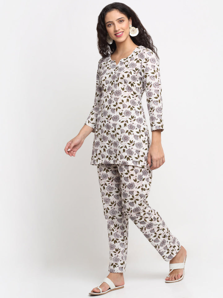 anokherang Leisure Wear White Blossom Floral Printed Leisure Wear