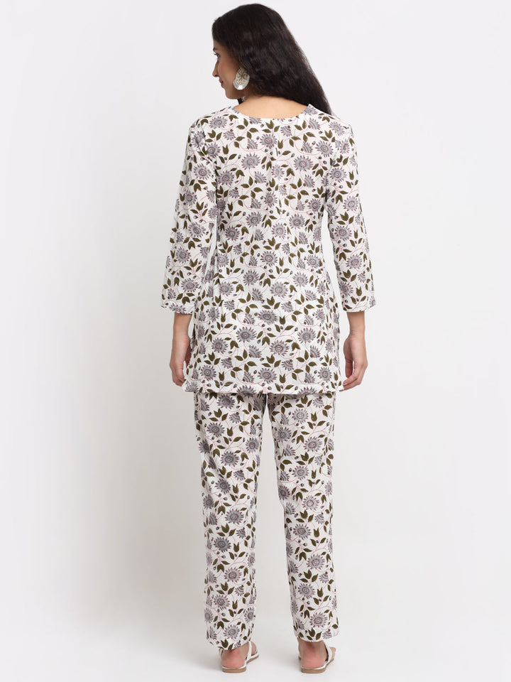 anokherang Leisure Wear White Blossom Floral Printed Leisure Wear