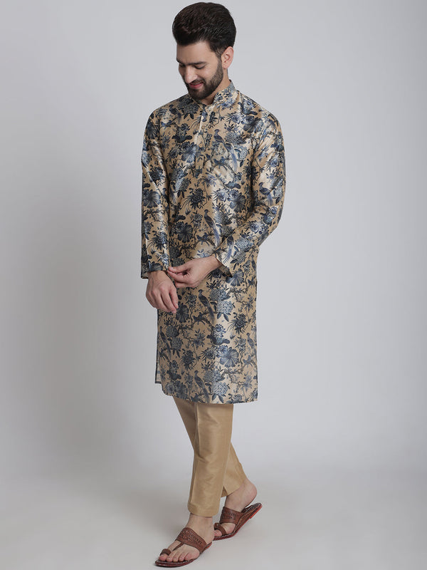 anokherang LKurtas Beige Blue Printed Silk Men Kurta