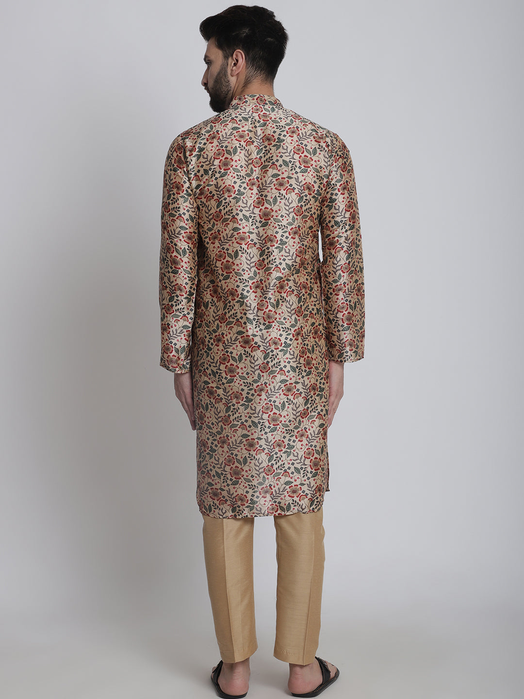 Beige Floral Print Jacquard Silk Kurta Set for Men Kurta, Pants & Jacket - Buy main image 1