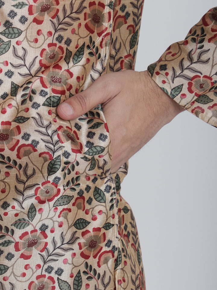 anokherang LKurtas Beige Floral Printed Silk Men Kurta Pajama