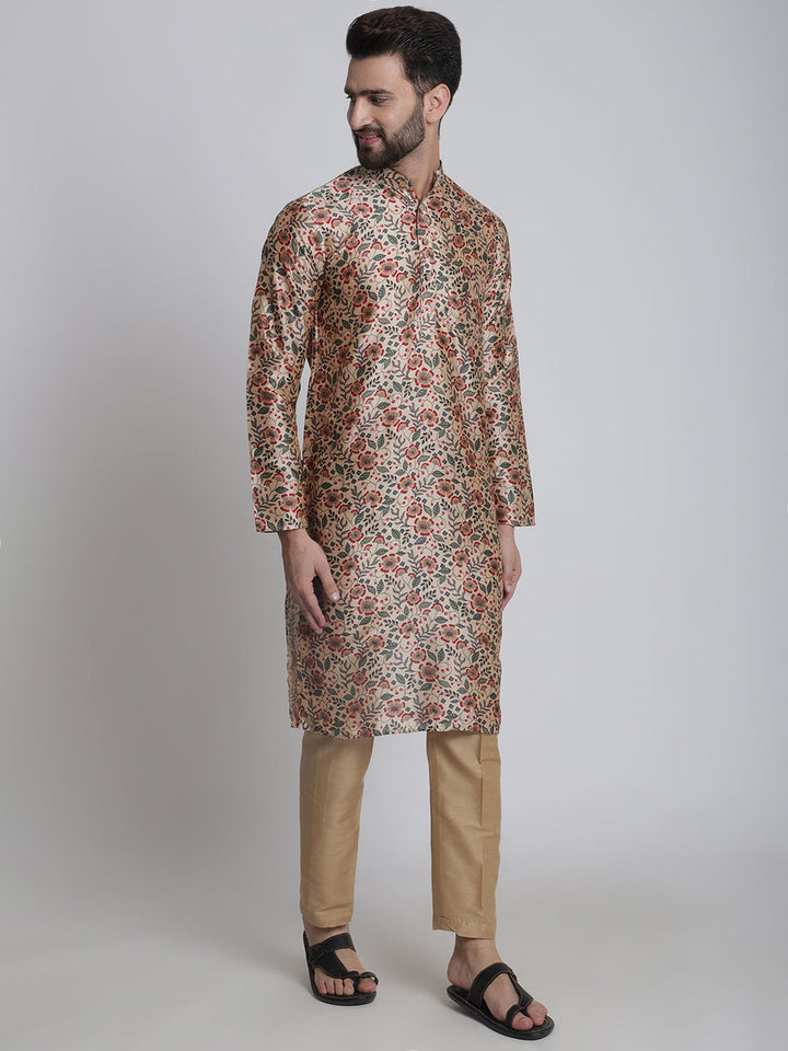 anokherang LKurtas Beige Floral Printed Silk Men Kurta Pajama