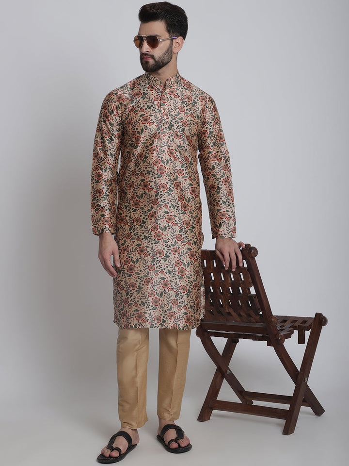 anokherang LKurtas Beige Floral Printed Silk Men Kurta Pajama