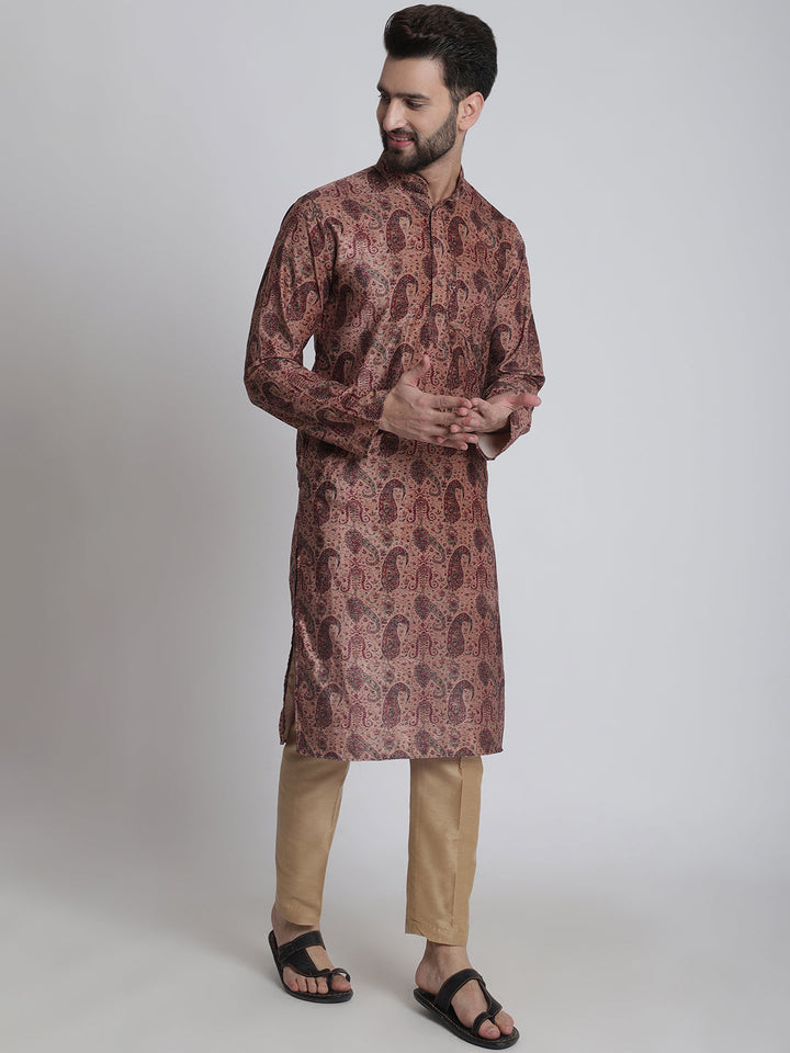 anokherang LKurtas Beige Paisley Printed Silk Men Kurta Pajama
