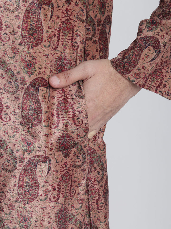 anokherang LKurtas Beige Paisley Printed Silk Men Kurta Pajama