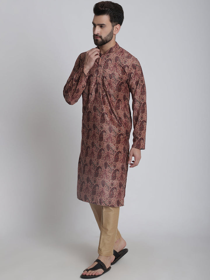 anokherang LKurtas Beige Paisley Printed Silk Men Kurta Pajama