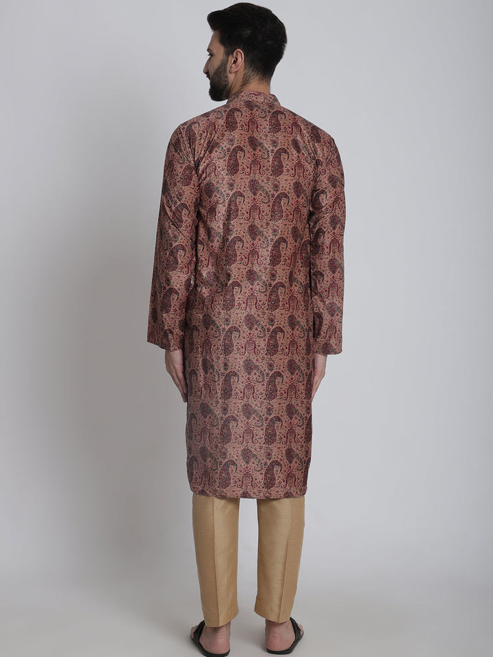 anokherang LKurtas Beige Paisley Printed Silk Men Kurta Pajama