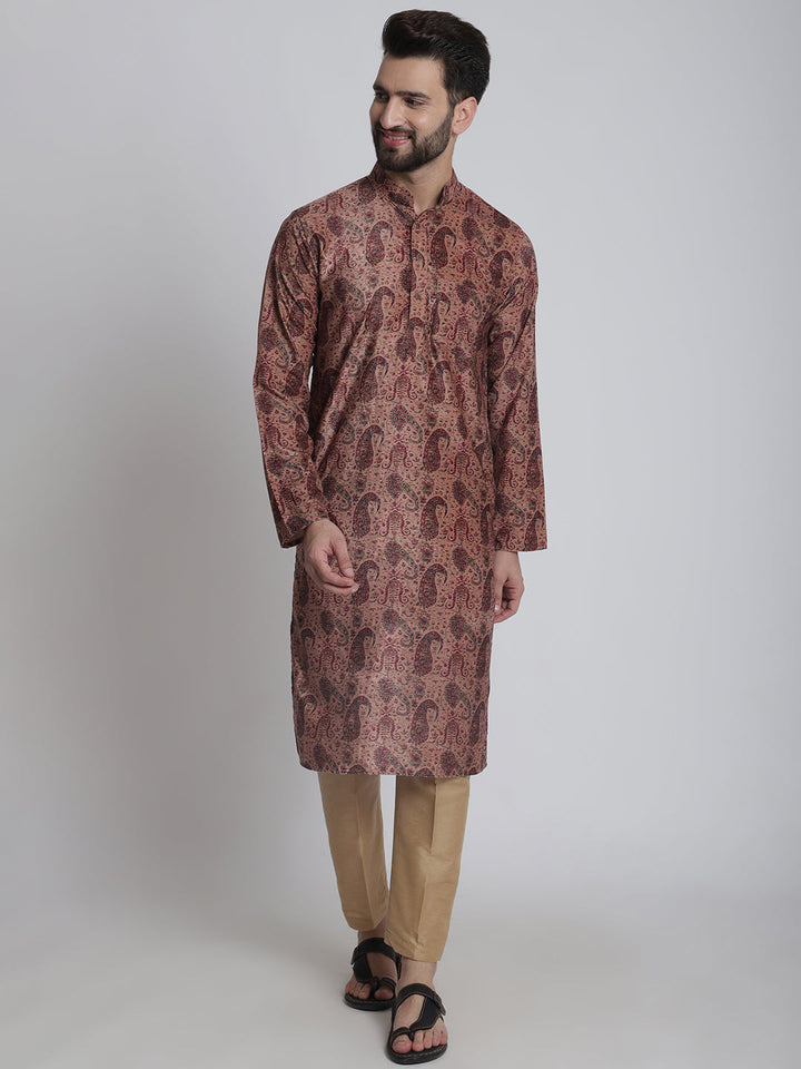 anokherang LKurtas Beige Paisley Printed Silk Men Kurta Pajama