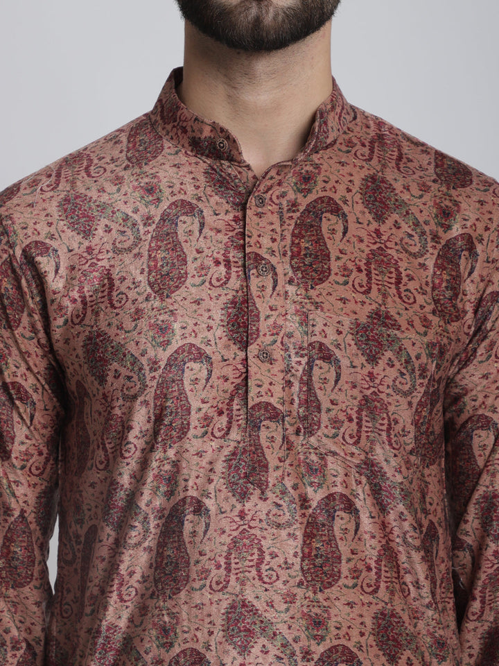 anokherang LKurtas Beige Paisley Printed Silk Men Kurta Pajama