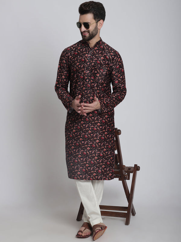 anokherang LKurtas Black Ethnic Printed Silk Men Kurta