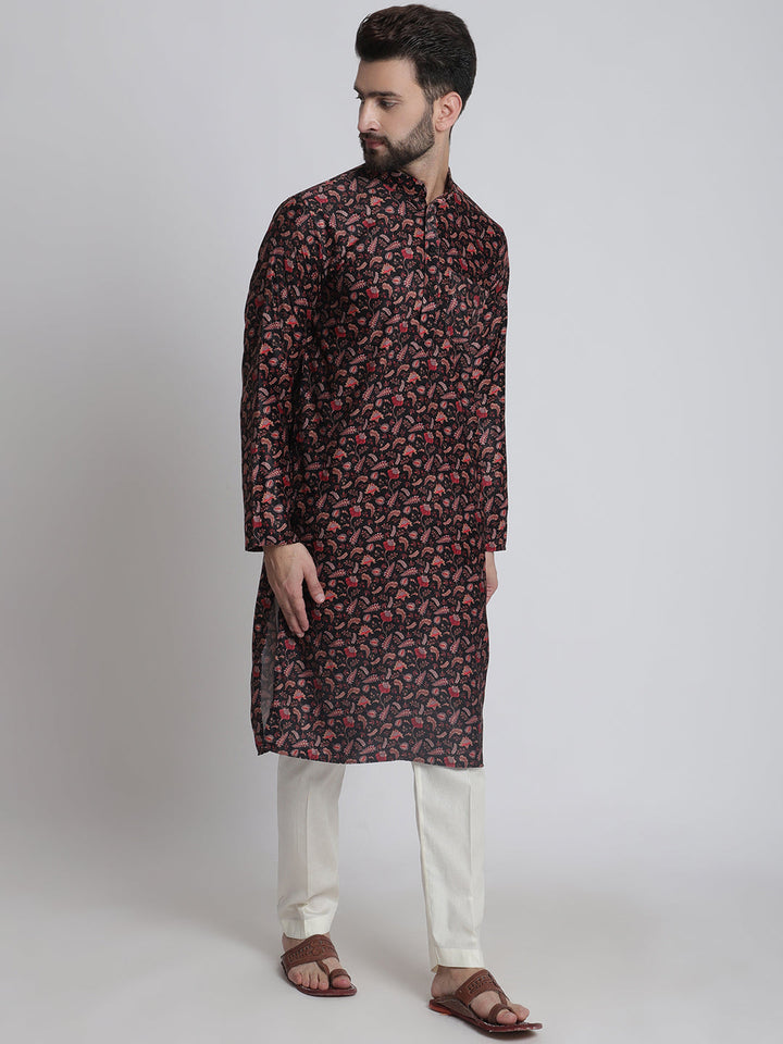 anokherang LKurtas Black Ethnic Printed Silk Men Kurta Pajama