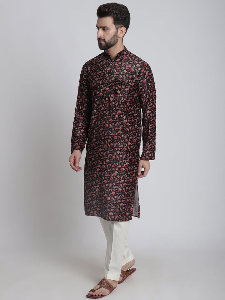 anokherang LKurtas Black Ethnic Printed Silk Men Kurta Pajama
